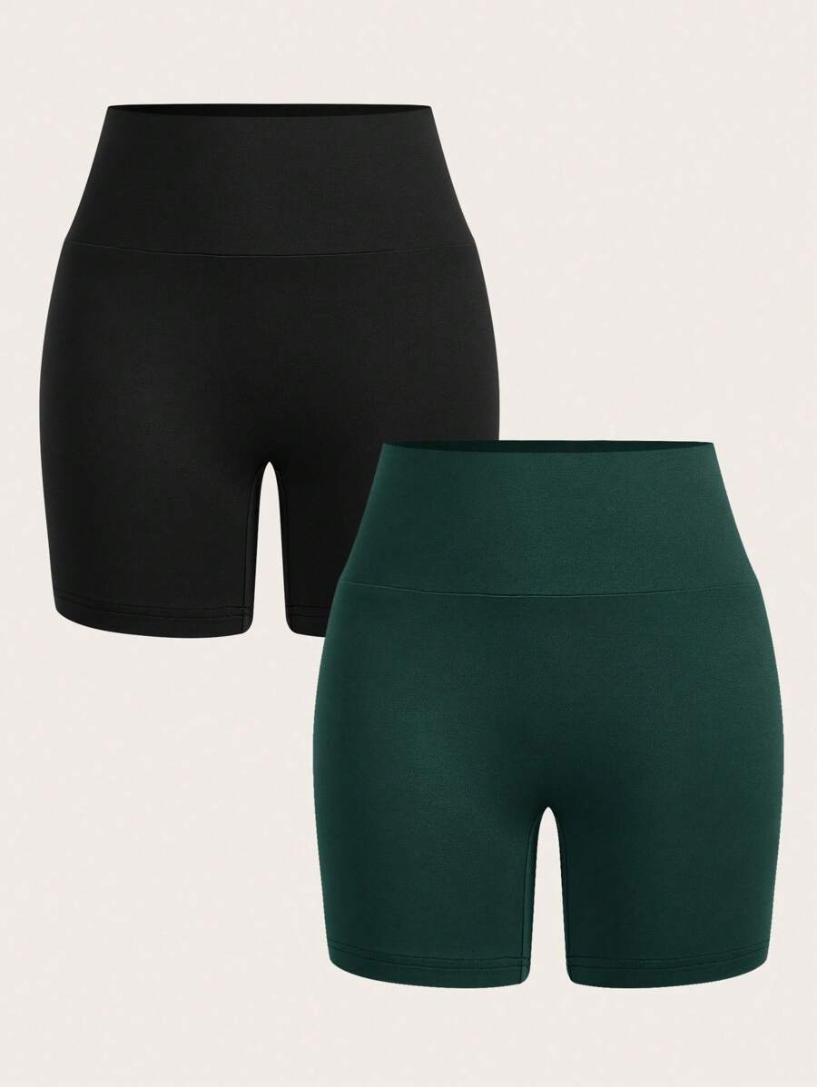 SHEIN EZwear 2 件黑色和橄榄绿色女士紧身休闲短款打底裤,适合夏季 - 彩色 - 查看 1