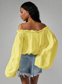 MISSGUIDED Off Shoulder Peasant Top Boho Chic Summer Puff Sleeve Blouse Gathered Crop Festival Beach Vacation Spring - Yellow - View 2