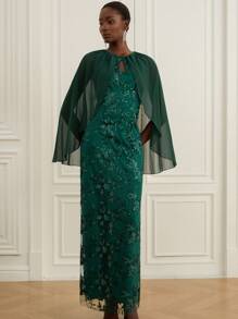 Zanirela Elegante vestido largo de gasa georgette bordado con cuentas de diseño por capas con cintura fruncida, estilo francés de lujo y elegancia para fiestas formales - Verde - Ver 5
