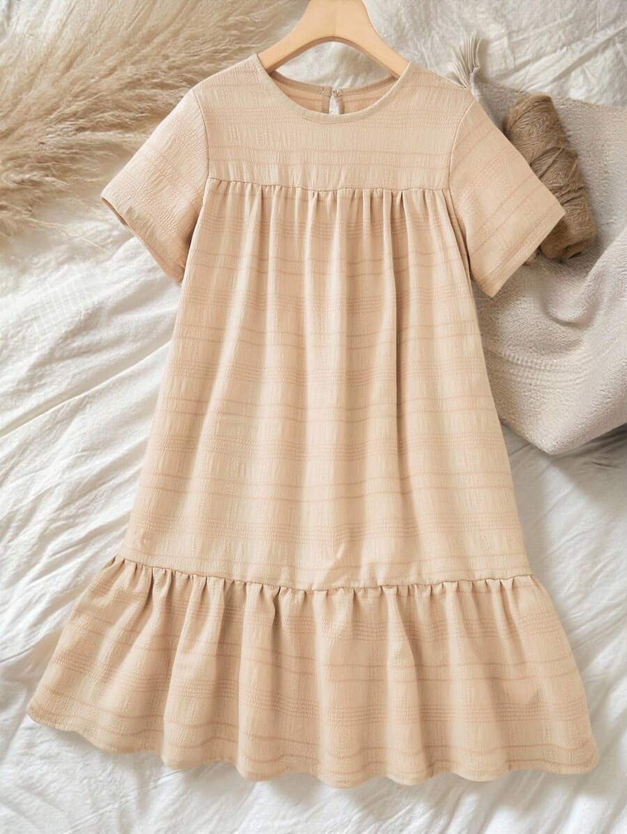 SHEIN Vintaside Kids Tween Girl Textured Fabric Comfortable Casual Loose Vacation Dress,Holiday Summer Travel - Coffee - View 1