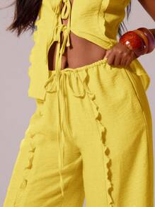 MUSERA 抽绳腰带亚麻质感荷叶边阔腿休闲裤，适合伊比沙岛性感度假、夏季节日、海滩穿着，浪漫优雅，适合生日、婚礼、机场婚礼派对、复活节等场合。 - 黃色 - 查看 5