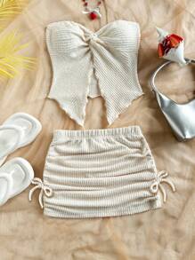 SHEIN Completo da ragazza tween composto da top a canotta comodo e casual con orlo asimmetrico e minigonna, set da spiaggia in 2 pezzi