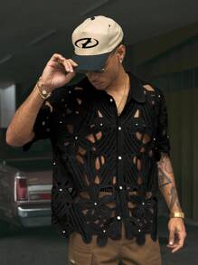 AXEPEAK Men's Summer Fashionable Solid Color Hollow-Out Knit Top