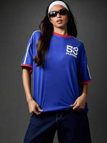Missguided x Playboy Áo thun thể thao Varsity phong cách cổ điển in cờ Liên hiệp Vương quốc Anh Bộ sưu tập London Tay ngắn Unisex Thời trang dạo phố Thường ngày Thoải mái Áo thun mùa hè xuân - Màu xanh lam - Xem 6