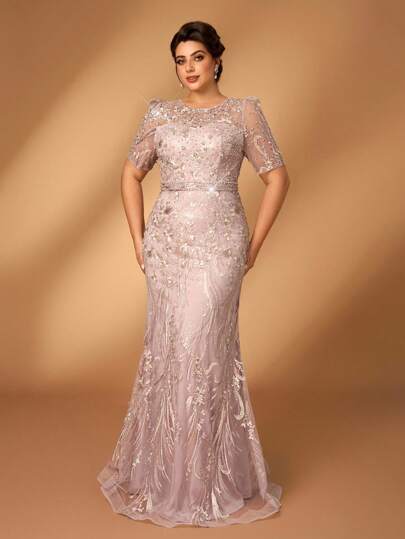 Serin 加大码优雅薄荷绿圆领中袖网眼亮片拼接晚会妈妈装