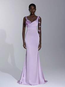 Elitara Vestido de Gala Formal Elegante com Lavanda Brilhante em Cetim Acetinado, Decote em V, Costura Manual com Flores 3D no Ombro, Franjas e Cauda de Sereia, Adequado para Encontros, Férias, Casamentos, Formaturas, Eventos Formais e Gala