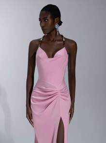 Elitara Vestido de satén tipo sirena maxi con espalda descubierta, elástico, con pliegues y cadena de perlas, elegante, lujoso y sexy, apto para boda, fiesta de solteros, vacaciones, eventos formales, soirée - Rosa - Ver 4