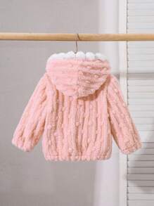 SHEIN معطف طويل بكم طفلة صغيرة شائع الاستخدام ذو ملمس النسيج السميك بتصميم ثلاثي الأبعاد على شكل كرات فراء ، مناسب لارتداء اليومي في فصل الخريف والشتاء - وردي - مشاهدة 3