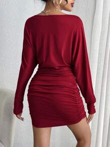 Wine Red Flare Sleeve Tie-Up Hollow-Out Ruched Bodycon Dress Fall Cloth For Women - Burgundy - View 4