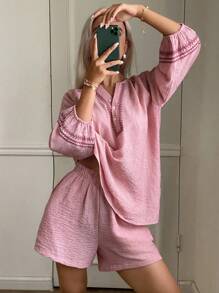 DAZY Floral Embroidery Print Linen Pajamas Set For Women, Fall Clothes - Pink - View 3