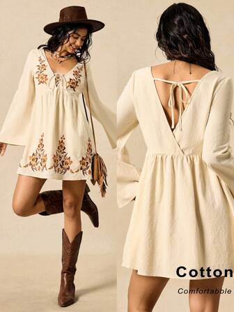 Easelle 女式春夏波西米亚风格花卉刺绣图案系带长袖连衣裙