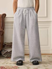 SWAVVY Pantalones casuales de hombre de unicolor con cordón en la cintura, otoño