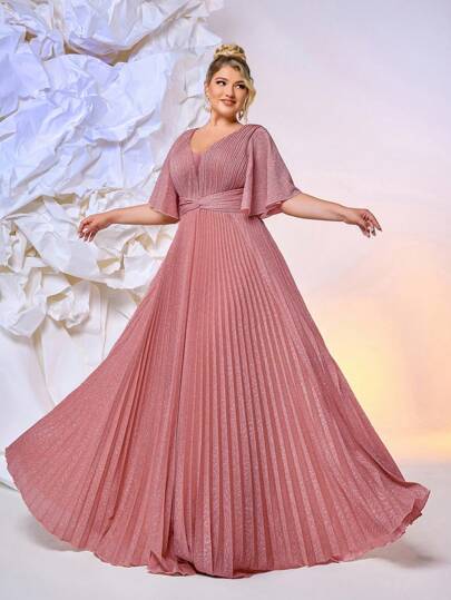 Glamrae Plus Size Elegant Romantic Watermelon Pink Deep V Neck Ruffle Sleeves Waist Twist Large A-Line Sun Pleats Decoration Suitable For Wedding Party Celebration Formal Event Heavy Work Evening Gown(Heavy Work Design)
