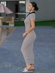Andrea Bello Robe longue à manches courtes, col lavallière, rayée pour femme, modèle d'été - Multicolore - Voir 5