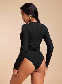 MIRENZI Black Knit Jersey Front Twist Long Sleeve Low-V Sexy Bodysuit Women Summer Vacation Casual - Black - View 2