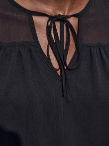 Maija 女式纯色系带荷叶边喇叭袖宽松时尚上衣 - 黑色 - 查看 5