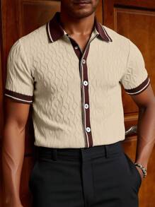 Manfinity Homme 休闲宽松简约撞色短袖男士针织上衣 - 杏色 - 查看 2