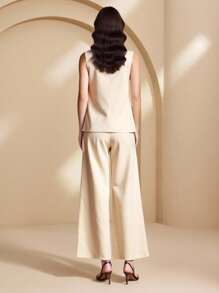 Almamuse 2pcs Women Elegant Casual Solid Color Tank Top And Pants Sets - Apricot - View 2