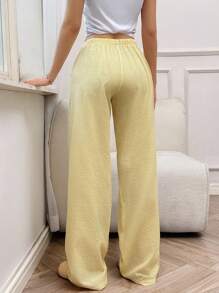 SHEIN Tall 蓝白条纹褶皱面料低腰抽绳系腰直筒口袋阔腿宽松裤，休闲度假海滩家居日常搭配百搭高个子女性，夏季 - 黃色 - 查看 2