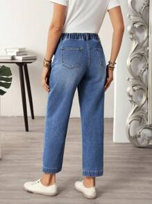 EMERY ROSE 大码女式休闲纽扣前袋设计7/8长牛仔裤 - 藍色 - 查看 2