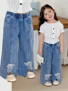 SHEIN 年轻女孩的白色和银色串珠浅色蝴蝶结牛仔阔腿裤，女童春夏休闲度假乡村波西米亚风装，女童沙滩装，女童西部街头装，春假装，狂欢装节日牛仔裤，年轻女孩度假装