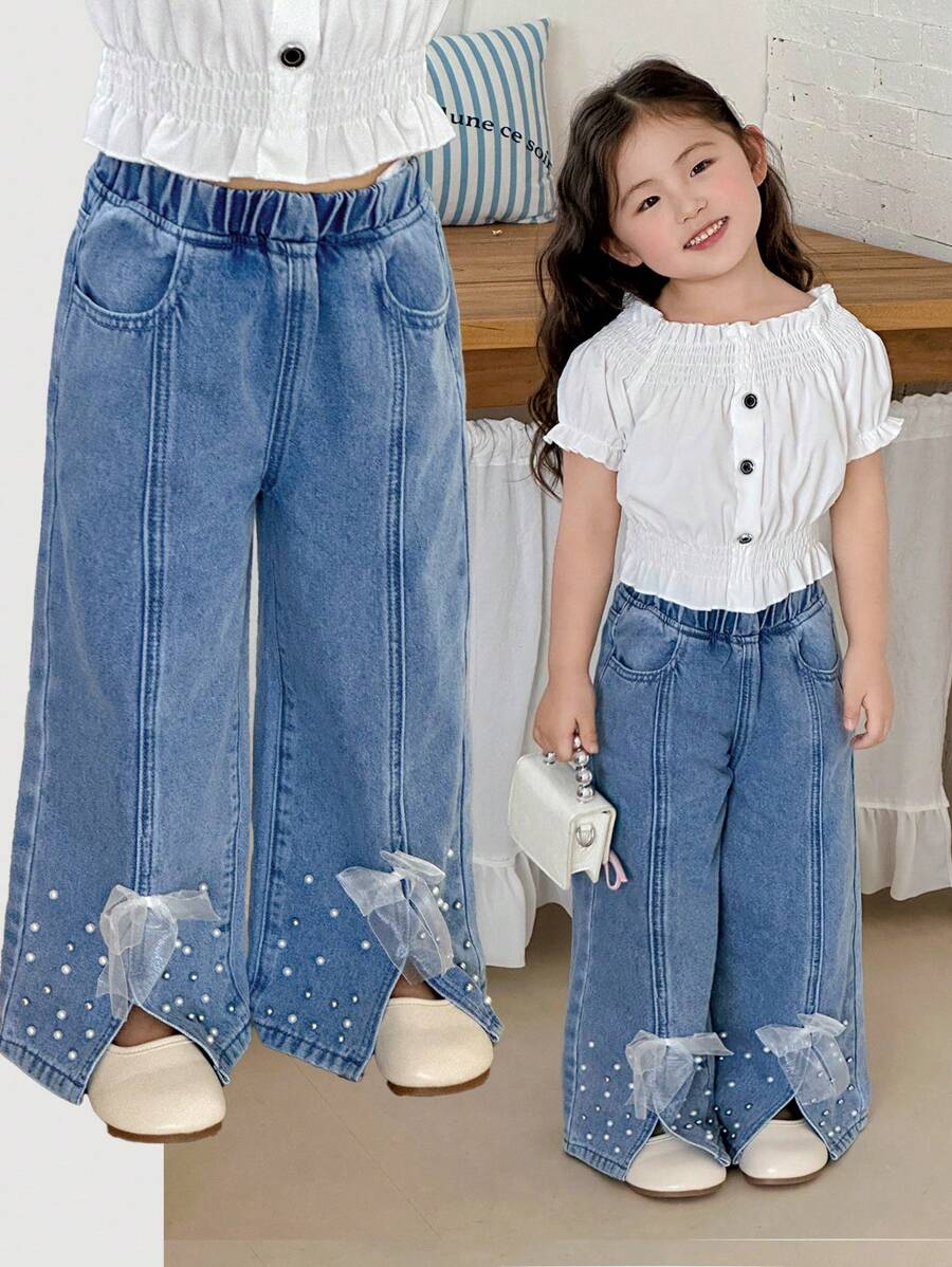 SHEIN 年轻女孩的白色和银色串珠浅色蝴蝶结牛仔阔腿裤，女童春夏休闲度假乡村波西米亚风装，女童沙滩装，女童西部街头装，春假装，狂欢装节日牛仔裤，年轻女孩度假装