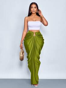 SOLERSUN Váy xếp ly màu trơn thời trang nữ - Màu xanh Ô liu - Xem 5