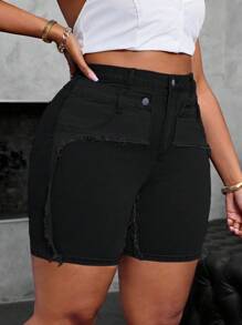 SHEIN SXY Pantalones cortos mini sexy de 2 en 1 de mezclilla casual y elásticos, talla grande, aptos para verano y primavera - Negro - Ver 6