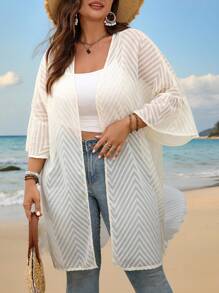 SHEIN LUNE Plus Size Women's Mesh 3/4 Sleeve Open Front Casual Jacket - Beige - View 5