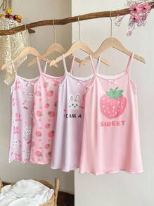 4 piezas Conjunto de pijama para niña: Estampado de fresa rosa claro con diseño "SWEET", Ajuste holgado con gráfico de conejo de dibujos animados lavanda, Hecho de tela suave y ligera, Estilo simple y cómodo, Adecuado para combinar madre e hija (se venden por separado), Conjunto de pantalones cortos de pijama para niñas, Moda de regreso a la escuela, Top de verano - Multicolor - Ver 5