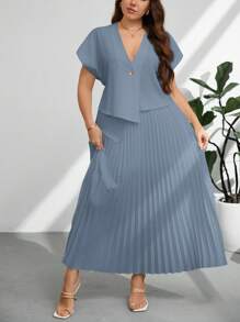 Firerie Plus Size Summer Elegant Solid Color Short Sleeve Top And Pleated Skirt 2 Pieces Set Spring - Dusty Blue - View 5