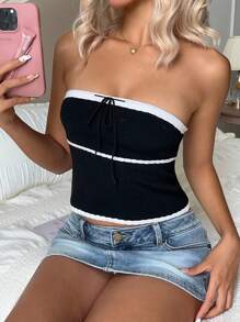 SHEIN EZwear Women Contrast Color Front Tie Cropped Fitted Bandeau Knit Top,Date Night - Pink - View 4