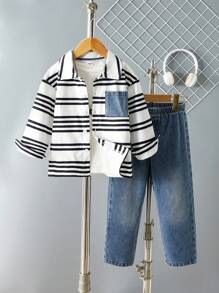 SHEIN 2 件套年轻男童休闲舒适百搭条纹印花图案撞色口袋长袖衬衫和牛仔裤套装，幼儿园服装 - 藍白色 - 查看 2