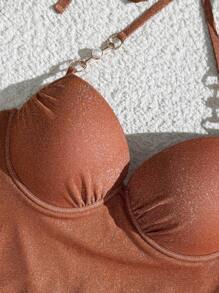 Swim Vcay Traje de baño de una pieza con espalda descubierta, con acentos de perlas y correas de hombro de tela con brillo para mujer, nuevo modelo 2025 - Óxido marrón - Ver 3