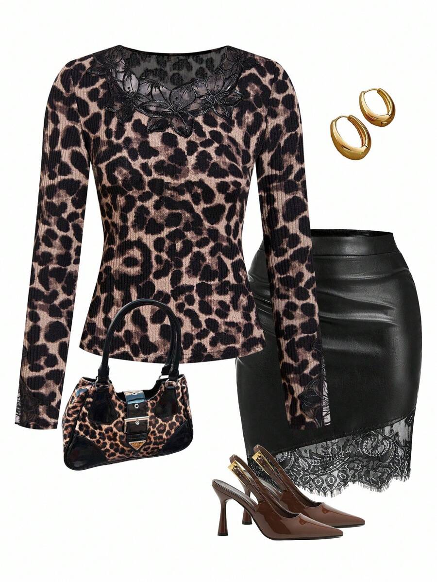 SHEIN Ellevyn 女式优雅豹纹修身打底 T 恤，蕾丝拼接透视性感闪亮水钻重饰 T 恤，秋季 - 咖啡棕 - 查看 1