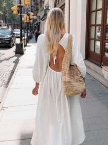 INAWLY Plus Size Solid Color Back Tie Waist Long Sleeve Simple Casual Dress Fall Cloth For Women - White - View 1