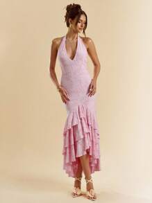 SHEIN BAE Robe enveloppante à col V plongeant texturé en tricot avec volants à l'ourlet, robe élégante, robe rose - Rose bonbon - Voir 3