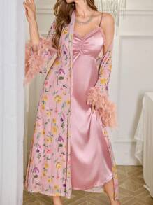 Slumberist Bộ 2 váy dài in họa tiết hoa lưới tay rộng sang trọng mùa cưới kèm lông vũ trang trí, váy ngủ và áo choàng, đồ ngủ bằng vải satin, - Hồng - Xem 3