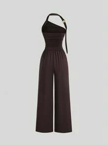 Sweetra New Summer Spiral Gold Jewelry Design Backless Jumpsuit For Women, Waist Cinching Casual Daily Wear
