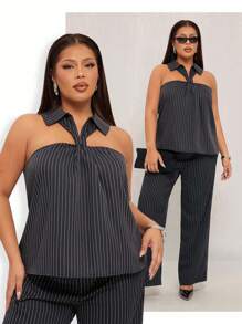 SHEIN SXY Plus Size Women's Sleeveless Black Striped Casual Blouse,Black And White,Summer,Elegant,Night Out Club Office Siren Retro Chic Flatter The Figure - Multicolor - View 9