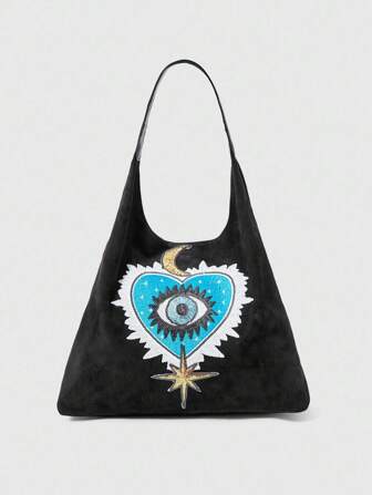 Fairycore 1pc Retro Eye Moon Star Sequins Velvet Shoulder Bag, Fashion Ladies Tote Handbag