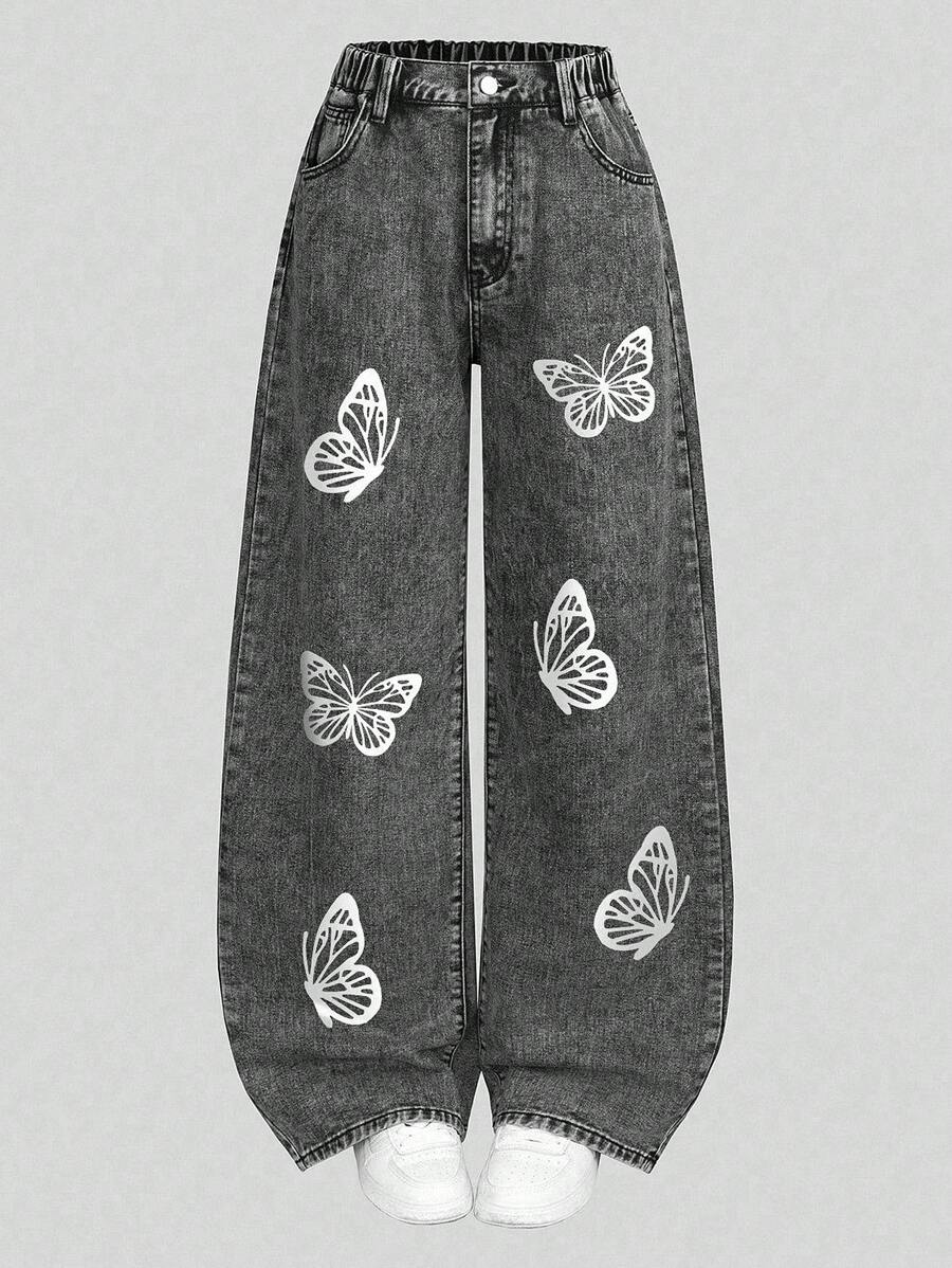 Sparklyn Teen Girl Clothes Teen Girl Casual Jeans, Sweet Butterfly Print Mid-Waist Washed Gray Wide Leg Loose Fit Denim Pants Baggy Jeans Teen Girls' Loose Fit Straight Leg Casual Jeans With Pockets Teen Girls Loose Fit Light Blue Wide Leg Jeans, Retro Baggy Style Teen Girls Loose Classic Casual Wide Leg Jeans Teenagers/Girls New Black & Gray Straight Leg All-Match Versatile Comfortable Wide Leg Jeans Fall Winter