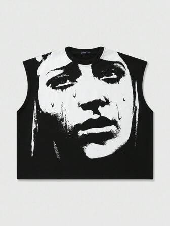 Street Life Camiseta de tirantes suelta y corta con gráfico de retrato borroso para hombre
