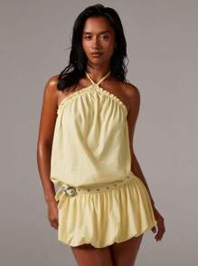 Athîral Vestido mini de mujer con diseño de volantes en el dobladillo, con hebilla y ojales en la cintura y cuello de halter de un solo color