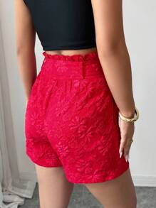 Rafferiza Islaluna Women's Elegant Jacquard High Waist Loose Casual Shorts Red Shorts For Women Shorts With Belt Vacation - Burgundy - View 2