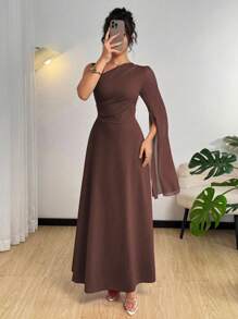 Modelyn Asymmetrical Neck Semi-Sheer Chiffon Waist Gathered Elegant Red Dress Fall Cloth For Women - Coffee - View 5