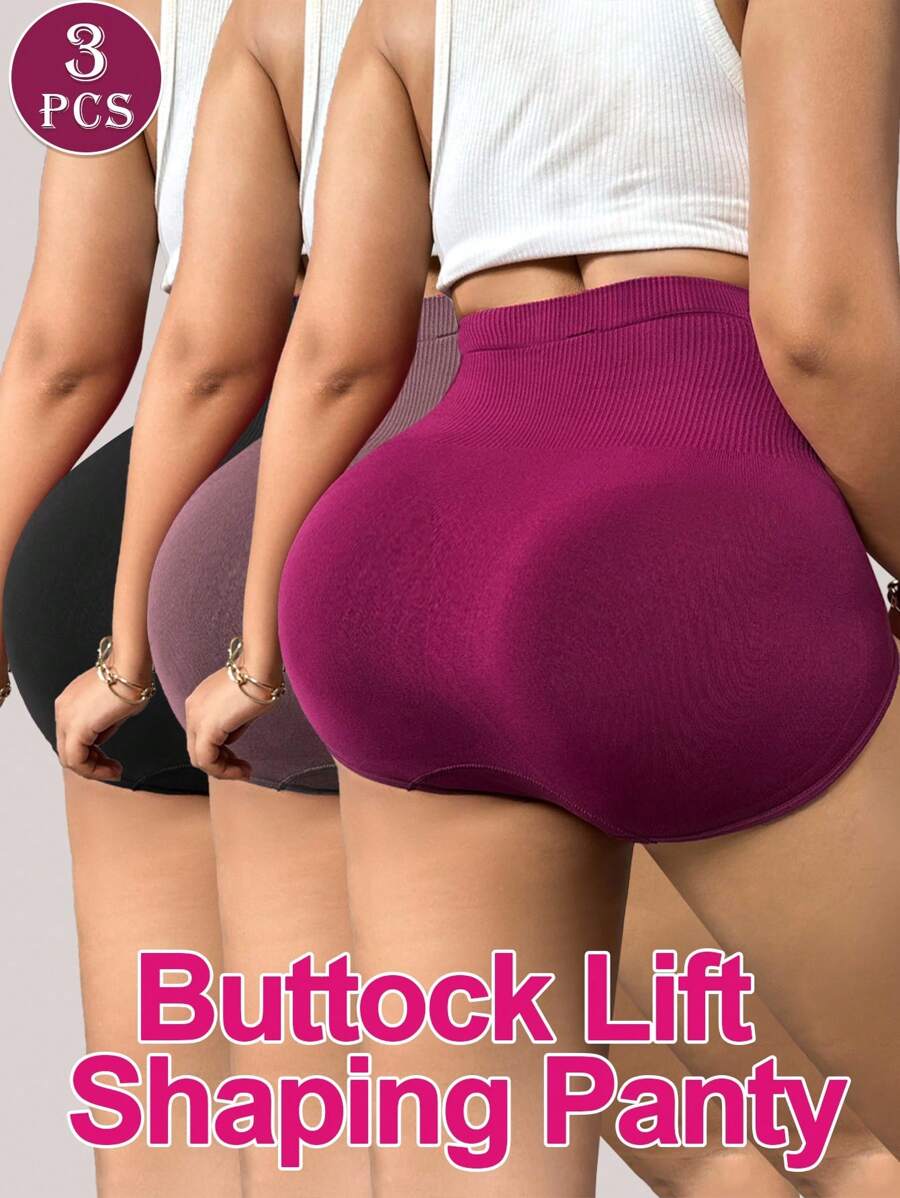 SHEIN 3 chiếc quần lót định hình bụng cỡ lớn cho nữ, kiểm soát bụng phẳng, giảm béo, nâng mông liền mạch, quần lót định hình màu trơn, có gân, co giãn cao, quần lót định hình cơ thể - Nhiều màu - Xem 1