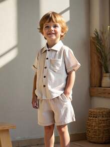 SHEIN 2 件套年轻男孩棉质休闲简约学院风短袖衬衫和短裤，适合日常穿着、学院风、旅行、玩耍、春夏度假、假期、旅行、放松、日光浴 - 卡其色 - 查看 9