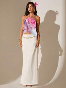 Glamine Blusa informal de escote halter con estampado floral para vacaciones - Rosa - Ver 4