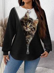 EMERY ROSE 女士加大码百搭华夫格针织图案连帽衫，饰有可爱抽象猫咪和音乐节图案，适合初秋过渡 - 彩色 - 查看 3